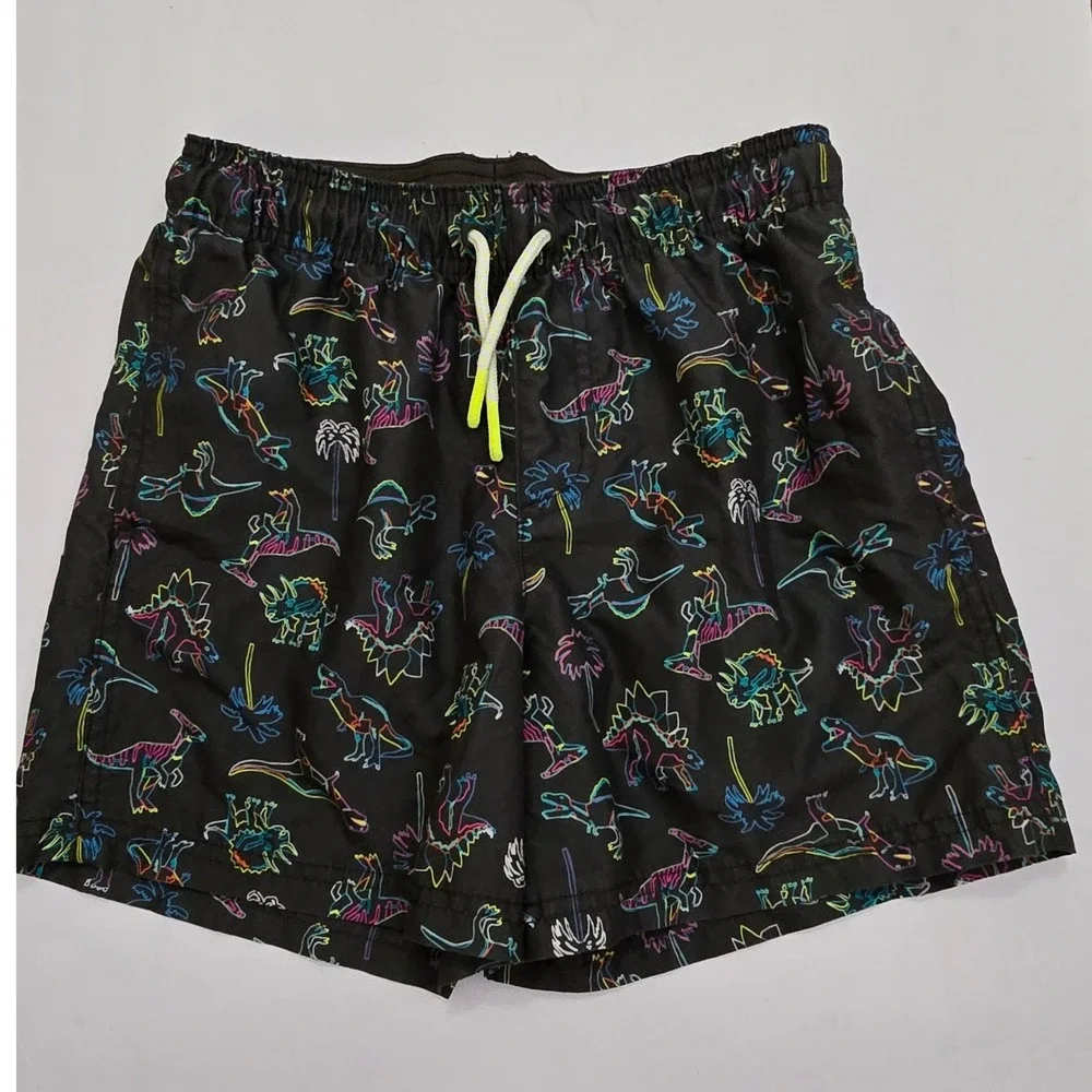 Cat & Jack Boys Black Neon Dinosaur Palm Tree Swim Trunks Size L 10-12 NWOT